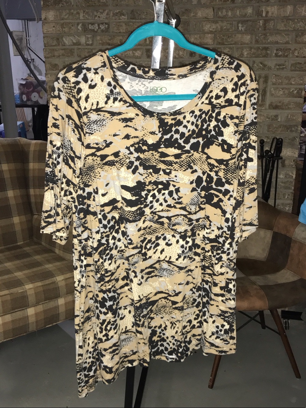 LOGO by Lori Goldstein Beige and Black Animal Print Short Sleeve Tunic